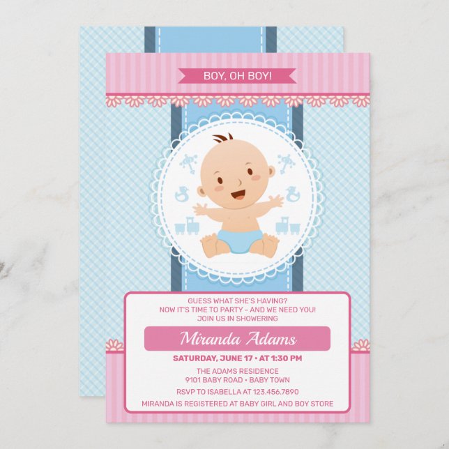 Modern Rosa Blue Boy Baby Shower Inbjudningar (Fram/baksida)
