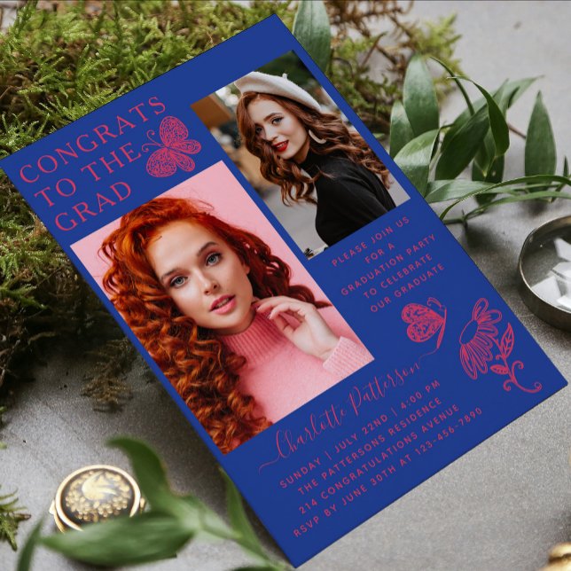 Modern Rosa Blue Butterfly Photo Studentfest Inbjudningar (Skapare uppladdad)