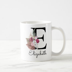 Modern Rosa Boho Blommigt Initial E Kaffemugg