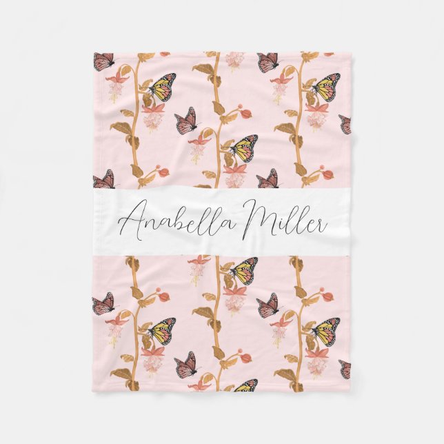 Modern Rosa Boho Butterfly Mönster Kids Namn Fleecefilt (Framsidan)