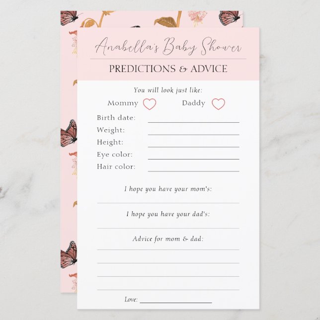 Modern Rosa Boho Fjäril Flicka Baby Shower (Fram/baksida)