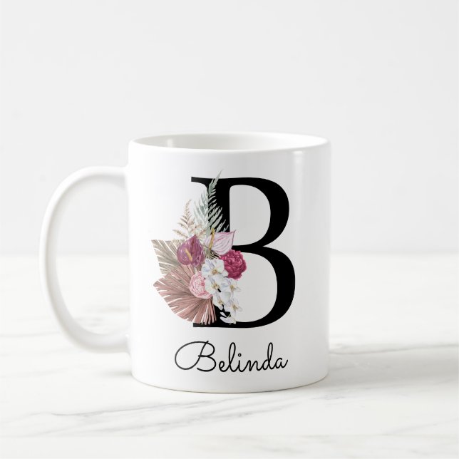 Modern rosa boho flickaktig blommig initial B kaff Kaffemugg (Vänster)