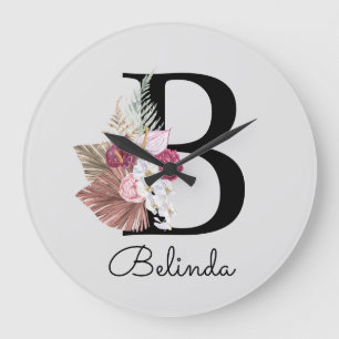 Modern Rosa Boho Flickaktig Blommig Initial B Stor Klocka