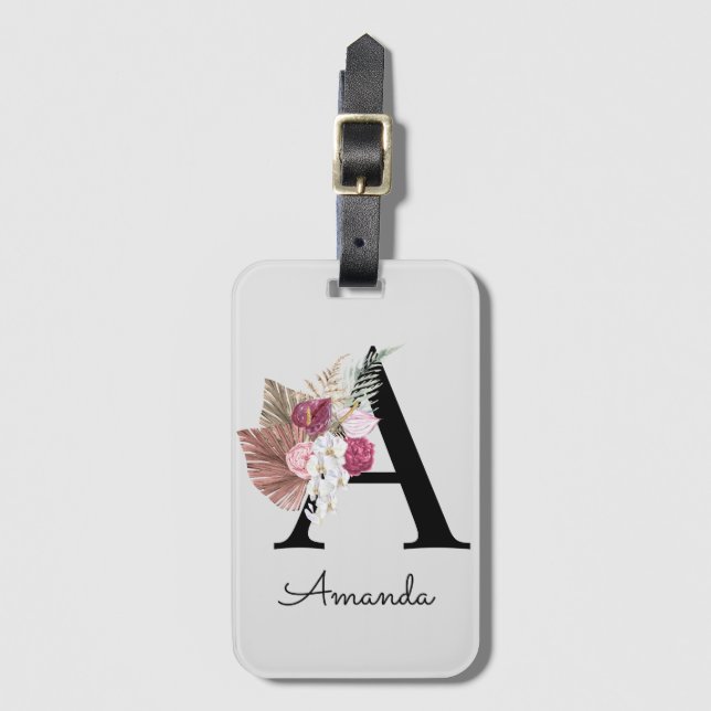Modern Rosa Boho Flickig Blommig Initial A Bagagebricka (Framsida vertikal)