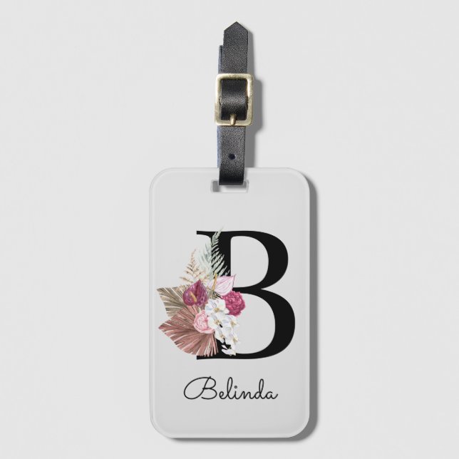 Modern Rosa Boho Flickig Blommig Initial B Bagagebricka (Framsida vertikal)