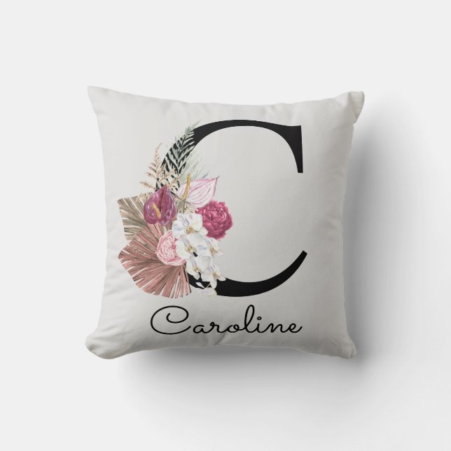 Modern Rosa Boho Flickig Blommig Initial C Kudde (Framsida)