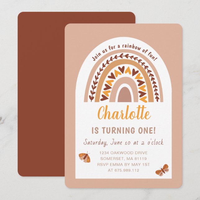 Modern Rosa Boho Rainbow 1:a födelsedag Inbjudningar (Fram/baksida)