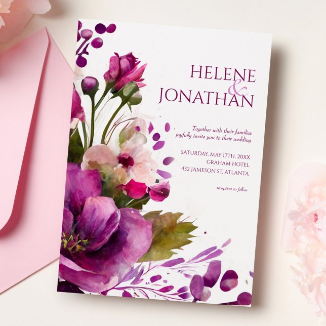 Modern Rosa Bold Magenta Blommigt Boho Bröllop Inbjudningar (Skapare uppladdad)