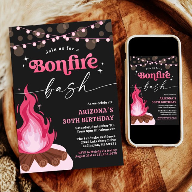 Modern Rosa Bonfire-inbjudan - Bonfire Bash Inbjudningar (Pink Birthday Bonfire Invitation)