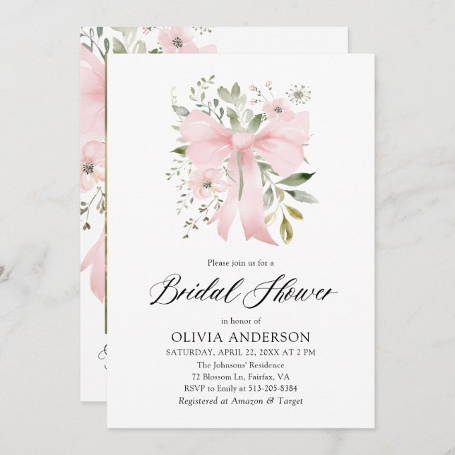 Modern Rosa Bow Blommigt Kärlek i Bloom Möhippa Inbjudningar (Fram/baksida)