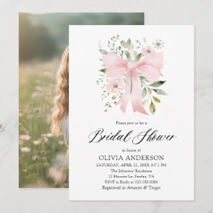 Modern Rosa Bow Blommigt Kärlek i Bloom Möhippa Inbjudningar