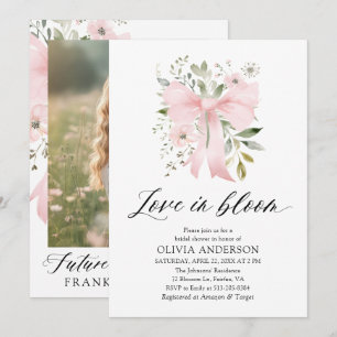 Modern Rosa Bow Blommigt Kärlek i Bloom Möhippa Inbjudningar