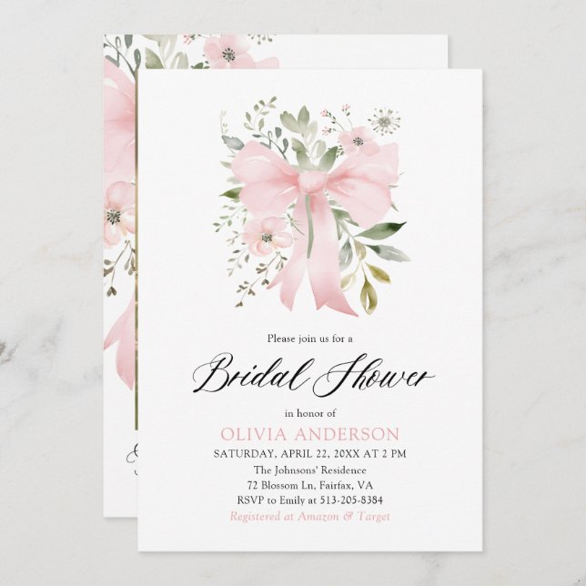 Modern Rosa Bow Blommigt Kärlek i Bloom Möhippa Inbjudningar (Fram/baksida)