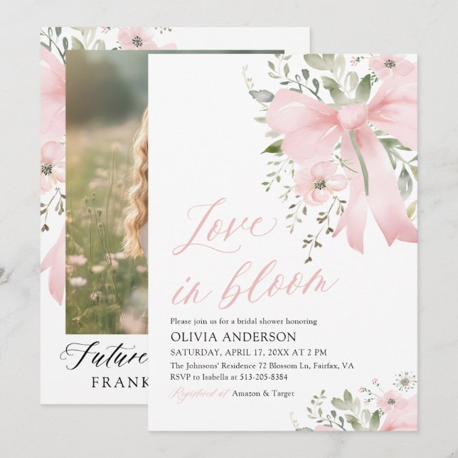 Modern Rosa Bow Blommigt Kärlek i Bloom Möhippa Inbjudningar (Fram/baksida)