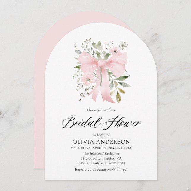 Modern Rosa Bow Coquette Blommigt Möhippa Inbjudningar (Fram/baksida)