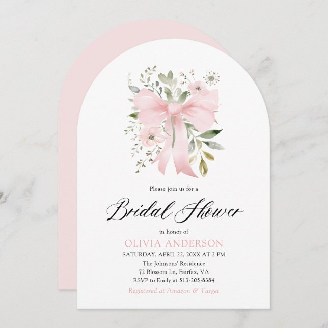 Modern Rosa Bow Coquette Blommigt Möhippa Inbjudningar (Fram/baksida)