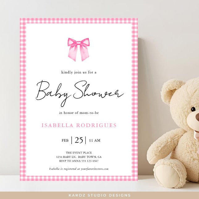 Modern Rosa Bow Gingham Baby Shower-inbjudan Inbjudningar (Invitation shown in 5 x 7, personalize, choose paper and corner style. Digital invitation available)