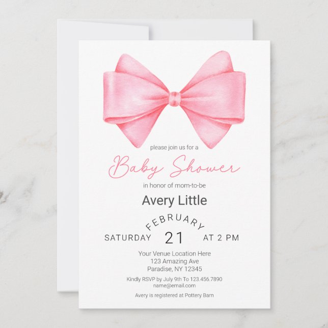 Modern Rosa Bow Girl Baby Shower Inbjudningar (Framsida)