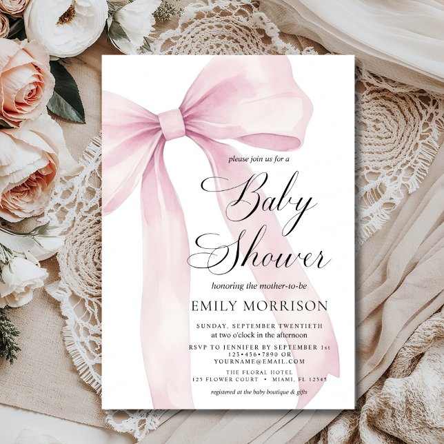 Modern  Rosa Bow Girl Watercolor Baby Shower Inbjudningar (Skapare uppladdad)