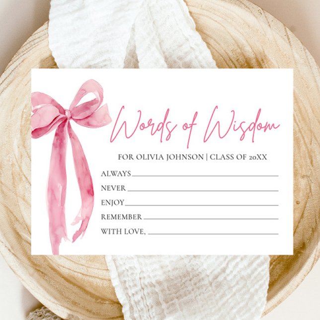 Modern Rosa Bow Studenten Advice Ord of Wisdom Tilläggskort (Modern Pink Bow Graduation Advice Words of Wisdom Enclosure Card)