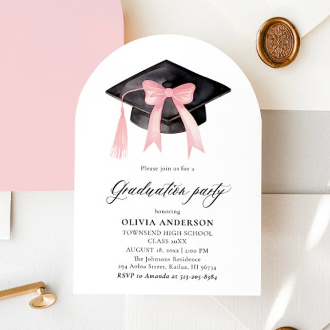 Modern Rosa Bow Studentmössa Studenten Arched Inbjudningar (Skapare uppladdad)