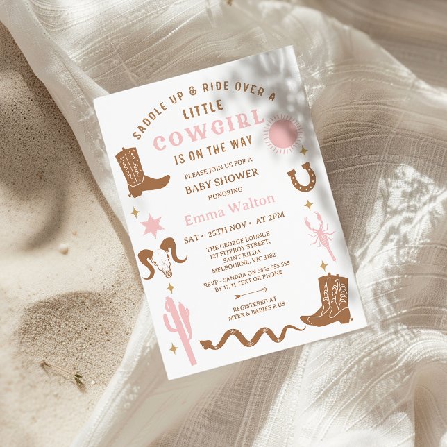 Modern Rosa Brown Rodeo Cowgirl Baby Shower Inbjudningar (Little Cowgirl Baby Shower Invitation, Western baby Shower Invitation Girl, Western, Southern, Wild )