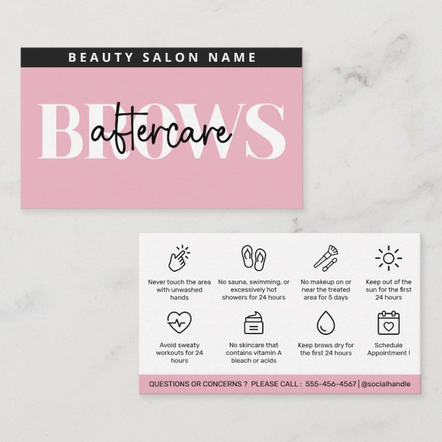 Modern Rosa Brows Aftercare PMU Brow Instructions Visitkort (Fram/baksida)