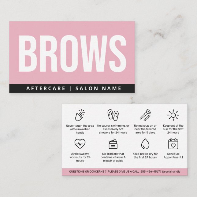 Modern Rosa Brows Aftercare PMU Brow Instructions Visitkort (Fram/baksida)