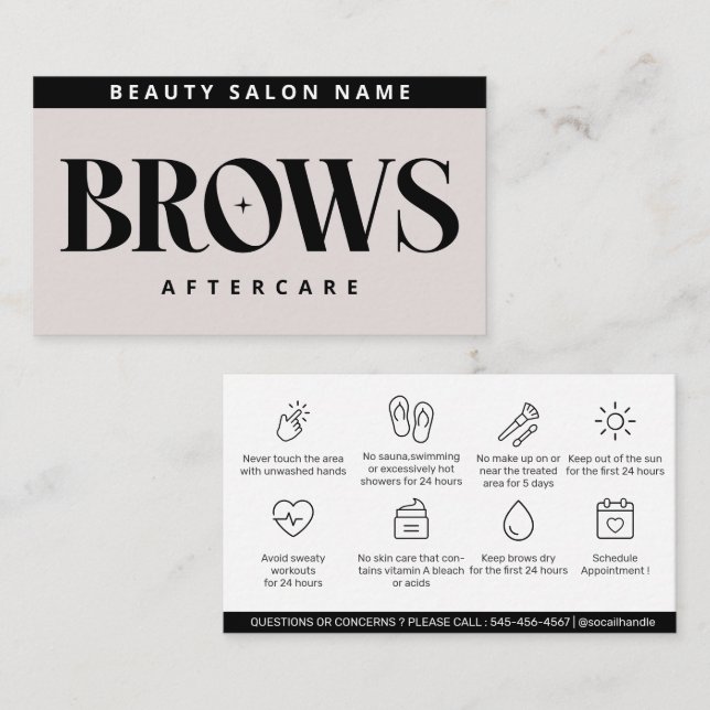 Modern Rosa Brows Aftercare PMU Brow Instructions Visitkort (Fram/baksida)
