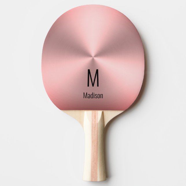 Modern Rosa Brushed Metall Titta Namn & Monogram Pingisracket (Framsidan)