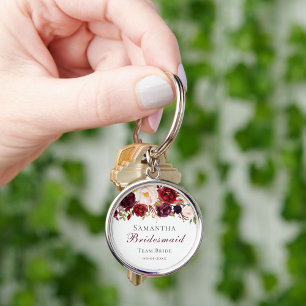 Modern Rosa Burgunder Blommig Brudtärna Metallnyck Rund Silverfärgad Nyckelring