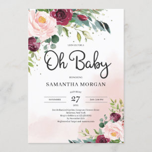 Modern rosa burgundisk blommigt Oh Baby dusch Inbjudningar