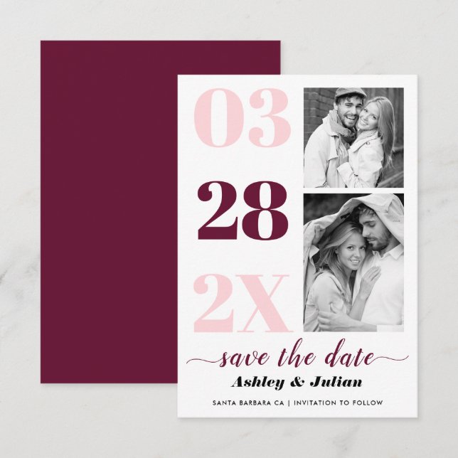 Modern  rosa, burgundtypografi två foto spara datumet (Fram/baksida)