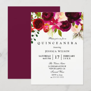 Modern Rosa Burgundy Flower Quinceanera-inbjudan Inbjudningar