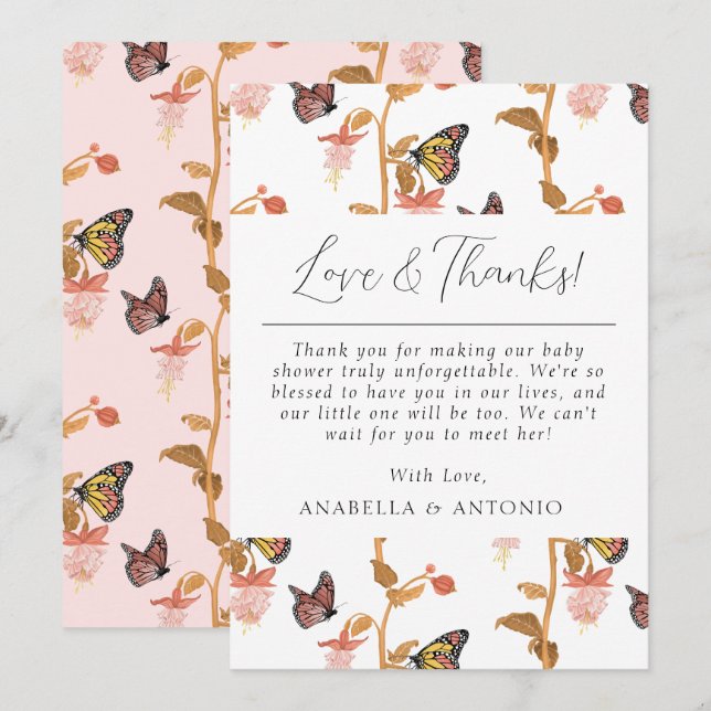 Modern Rosa Butterfly Girl Baby Shower Kärlek och Tack Kort (Fram/baksida)