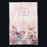 Modern  Rosa Butterfly Vild Flower Family Kökshandduk<br><div class="desc">Elegant Modern Rosa Blommigt Watercolor Butterfly Family Namn Kitchen Towel</div>