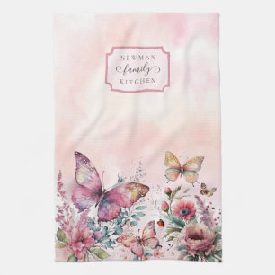 Modern Rosa Butterfly Vild Flower Family Kökshandduk