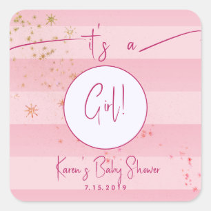 Modern Rosa Cabana Rand & Guld Stars Girl Baby Fyrkantigt Klistermärke