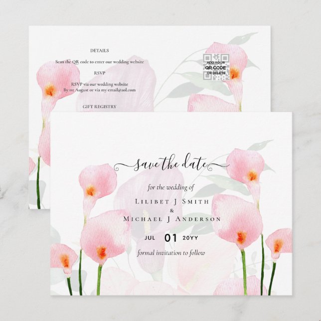 Modern Rosa Calla Lily Bröllop Spara QR-kod Vykort (Fram/baksida)