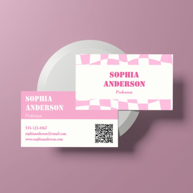 Modern Rosa Checkated-Affärskort med QR-kod Visitkort (Skapare uppladdad)