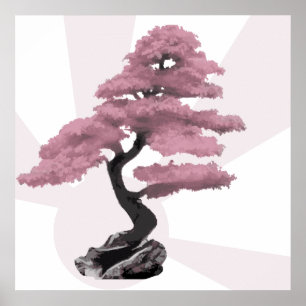 Modern Rosa Cherry Träd Bonsai & Stigning Sol Poster