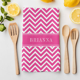 Modern Rosa Chevron Ränder Namn Kökshandduk