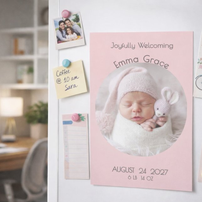 Modern Rosa Cirkulär Foto Magnet Födelse Tillkänna (Skapare uppladdad)