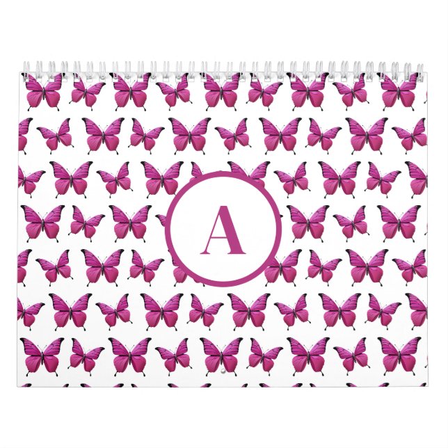 Modern Rosa Cute Butterfly Mönster Monogram Kalender (Omslag)