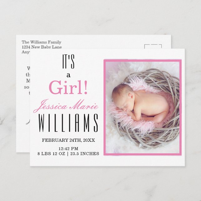 Modern Rosa Det är en flicka! Baby födelsedag Vykort (Fram/baksida)