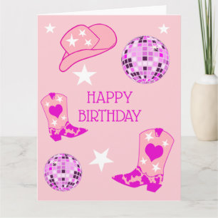 Modern Rosa Disco Boll Cowgirl Hat Boots Birthday Kort