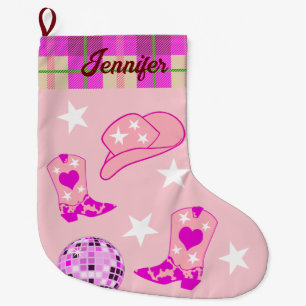 Modern Rosa Disco Boll Cowgirl Hat Boots Stor Julstrumpa