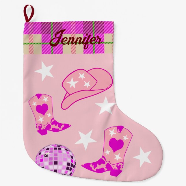 Modern Rosa Disco Boll Cowgirl Hat Boots Stor Julstrumpa (Framsidan)