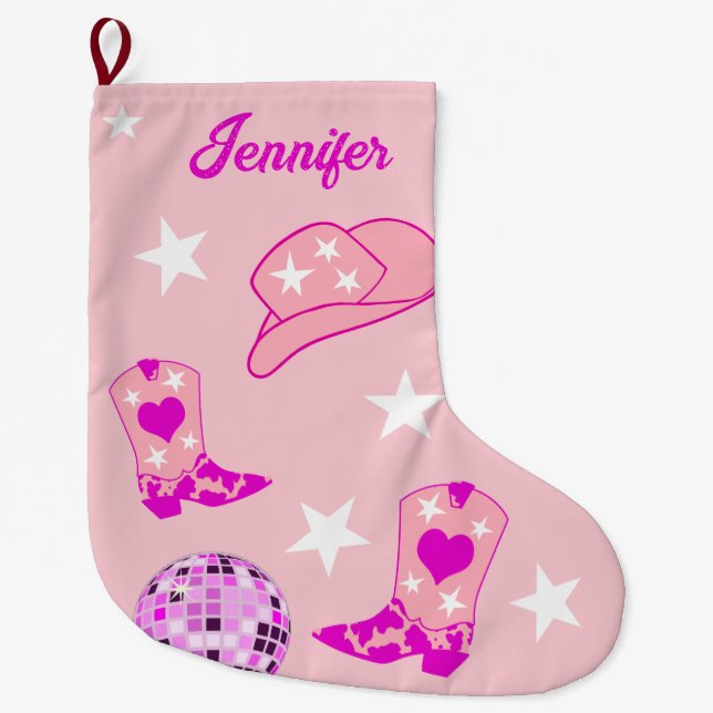 Modern Rosa Disco Boll Cowgirl Hat Boots Stor Julstrumpa (Framsidan)