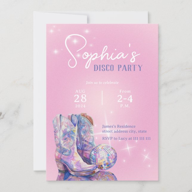 Modern Rosa Disco Party-inbjudan till cowgirl Inbjudningar (Framsida)
